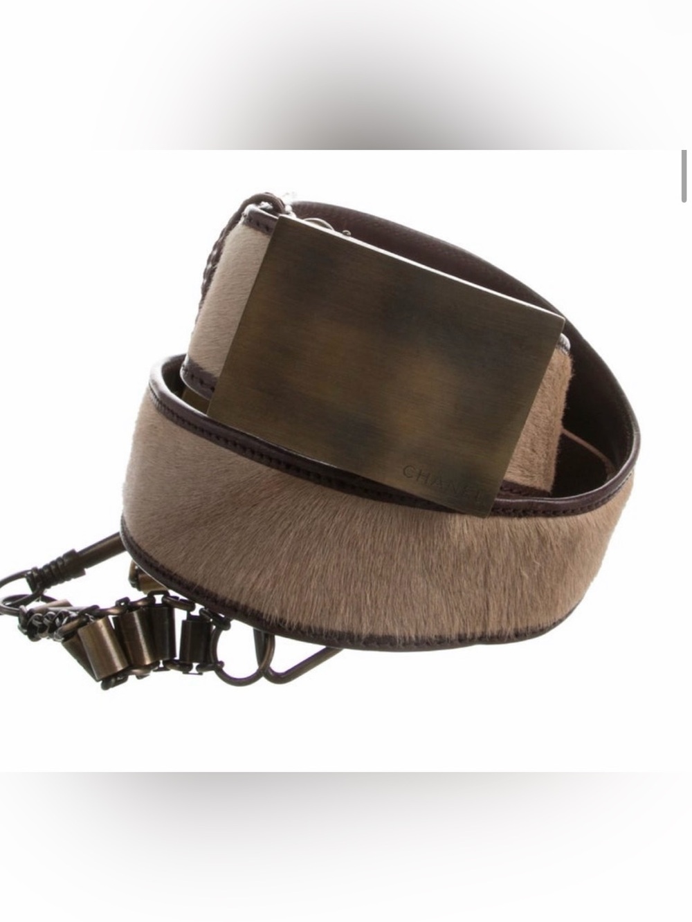 Rare Authentic CHANEL Taupe pony hairBrown Leather Belt Antique Brass Plate